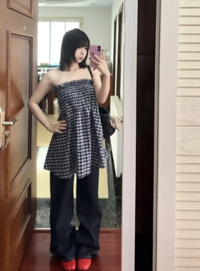蓝色格纹抹胸背心连衣裙子女夏季2025新款高级感穿搭半身裙套装