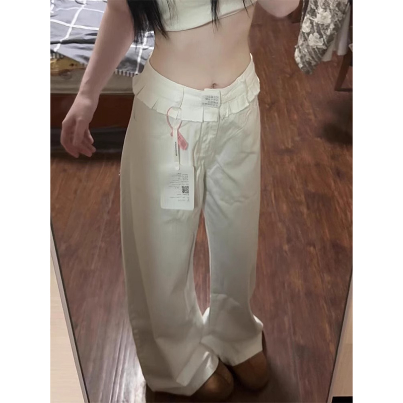 白色花边拼接牛仔裤女夏季2025新款设计感小众美式宽松直筒阔腿裤