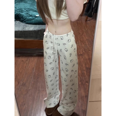 美式慵懒风可爱kitty猫印花阔腿裤女春夏新款宽松休闲拖地裤子潮