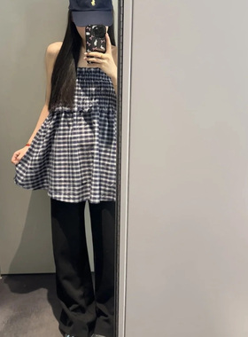 法式格子蓝色抹胸两穿半身裙女夏季外穿度假风宽松娃娃衫无袖上衣