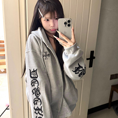 0123start美式华夫格哥特风字母连帽卫衣女秋冬加厚开衫拉链外套