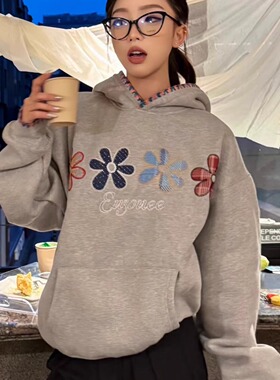 EUSOUEU美式小花朵刺绣连帽卫衣女加绒宽松百搭设计感长袖上衣潮