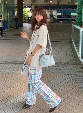 Aisement 25ss修胯低腰夏日彩色格纹抽绳尼龙空气感松弛休闲长裤