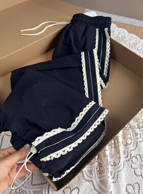 美式复古潮牌蕾丝边休闲运动速干裤女春新款设计感藏蓝色百搭裤子