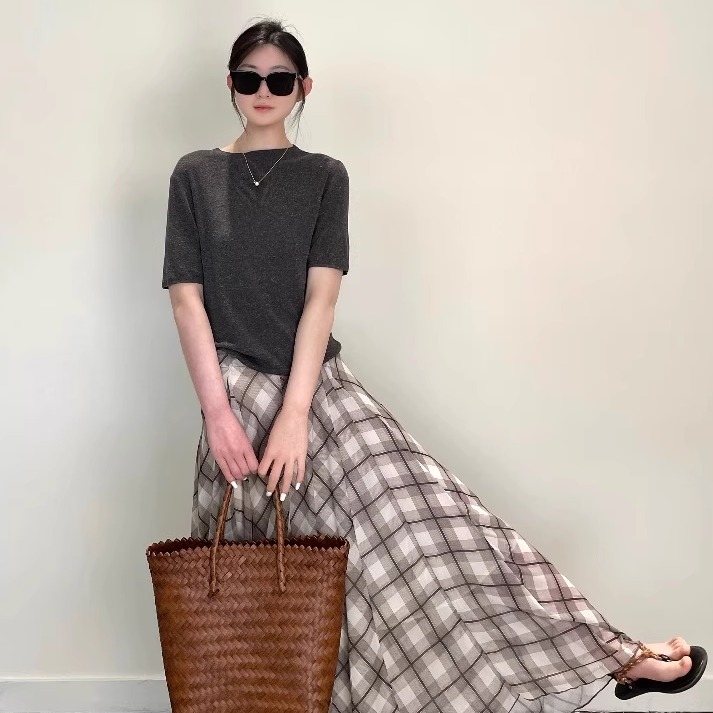 aassss 夏日法式 不规则下摆腰头拼接轻薄雪纺格纹印花半身裙高级