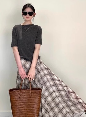 aassss 夏日法式 不规则下摆腰头拼接轻薄雪纺格纹印花半身裙高级