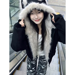 FDR 美式猫耳朵加绒连帽座山雕外套棉服女冬季新款保暖加厚棉袄潮