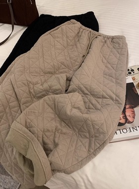 2024新款美式菱格夹棉休闲卫裤女冬季小众时髦加厚保暖高腰阔腿裤