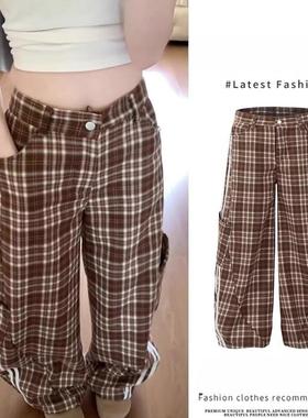 美式复古条纹格子高腰工装休闲裤女春秋设计感宽松百搭直筒长裤子