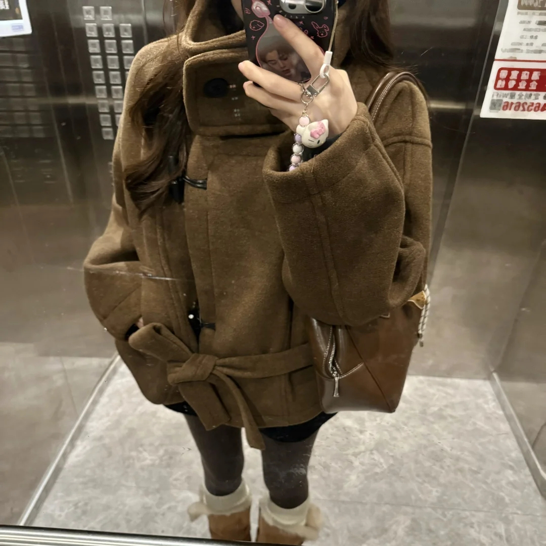 HEYABC 秋冬牛角扣立领毛呢大衣女2025百搭休闲宽松短款外套上衣