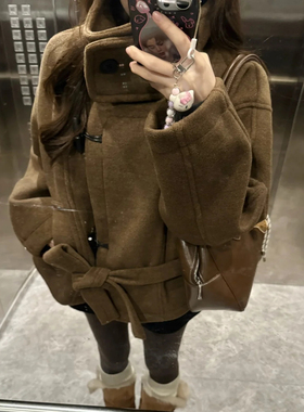 HEYABC 秋冬牛角扣立领毛呢大衣女2025百搭休闲宽松短款外套上衣