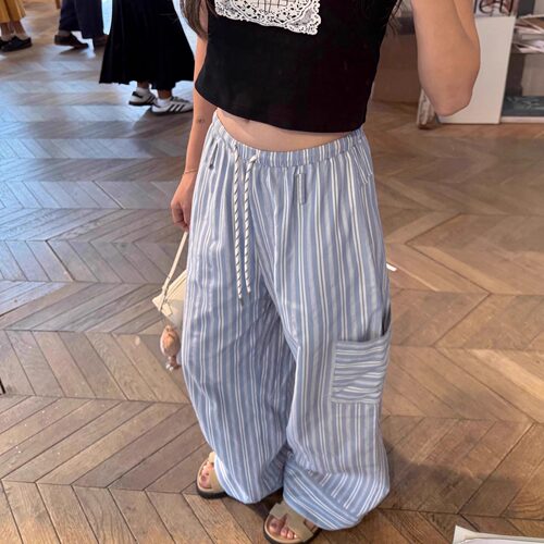 CUTEioi 慵懒松弛感蓝色拼接条纹裤侧口袋系带女通勤夏舒适休闲裤