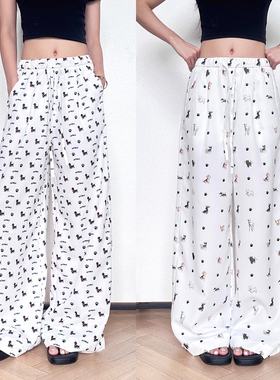 HEYABC 美式复古小狗印花阔腿裤女宽松显瘦垂感2025百搭直筒长裤