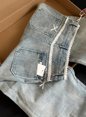 蕾丝花边拼接蝴蝶结浅蓝色牛仔裤女春秋新款宽松直筒拖地阔腿裤子