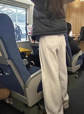 灰色加绒卫裤高级感裤子女秋冬直筒宽松运动阔腿裤2024新款休闲裤