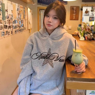 Archivum美式复古星星豹纹连帽卫衣2025秋冬加绒oversize宽松外套