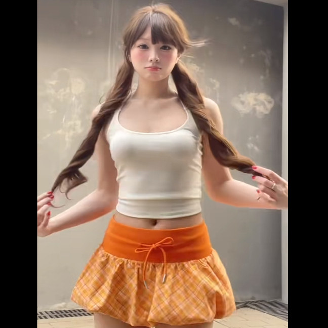美式复古橘色格纹花苞短裙女2025夏季多巴胺甜辣妹运动绑带半身裙