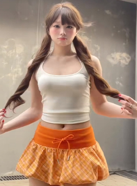 美式复古橘色格纹花苞短裙女2025夏季多巴胺甜辣妹运动绑带半身裙