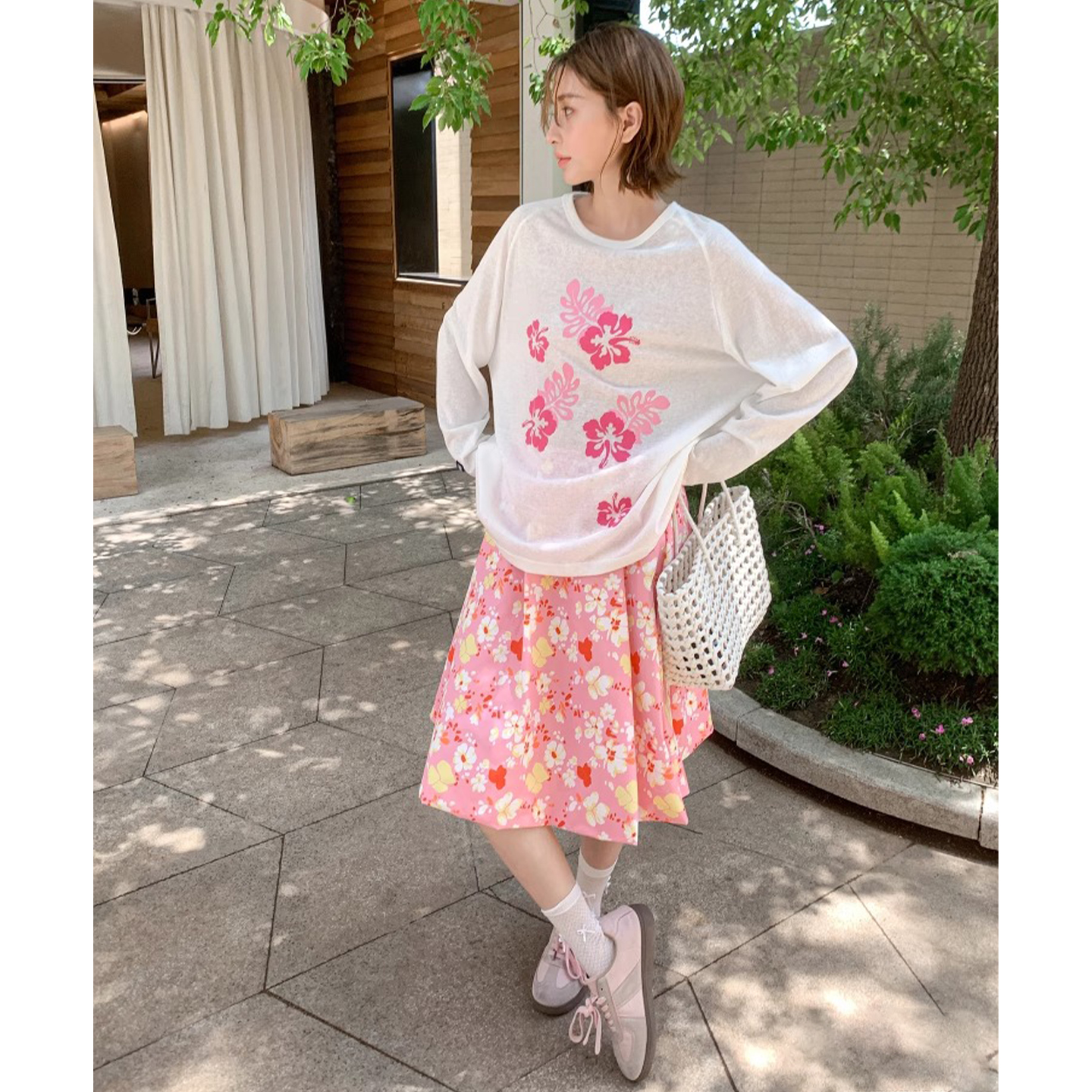 BESOBER 满印花卉粉色蓬蓬花苞百褶半身裙女度假百搭休闲中长裙夏