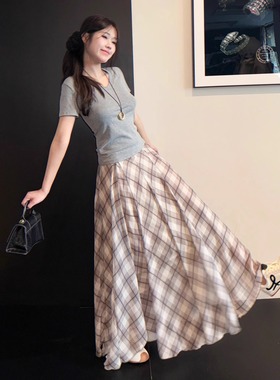 aassss 半身裙女高级感垂感飘逸浅咖格纹长裙新款温柔风显瘦A字裙
