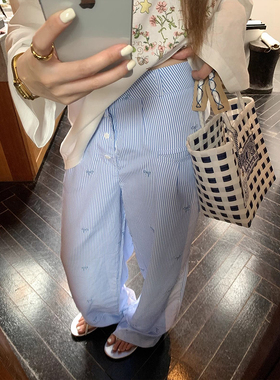 多巴胺清新蝴蝶结条纹休闲裤女秋季百搭高腰宽松阔腿防晒遛弯裤潮