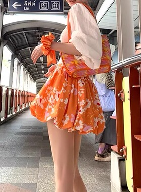 CCKOK 热情橘花南瓜花苞短裙2025夏季新款a字小众设计橘色半身裙