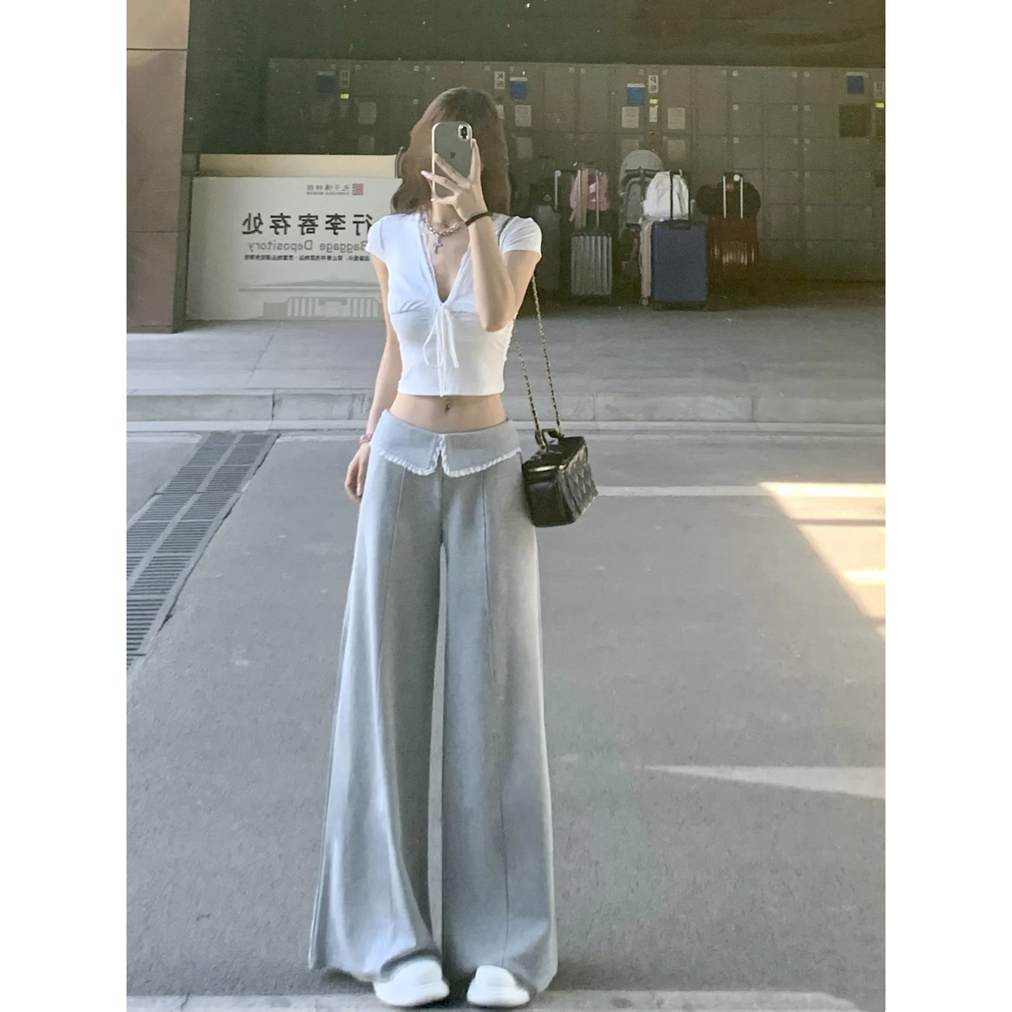 Wuu2sweet吴太甜 美腿比例 彼得潘领蕾丝花边休闲裤女宽松阔腿裤