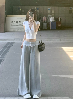 Wuu2sweet吴太甜 美腿比例 彼得潘领蕾丝花边休闲裤女宽松阔腿裤
