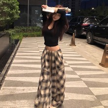 SUNONEONE 美式复古大口袋格子休闲裤女早秋宽松慵懒垂感格纹裤子