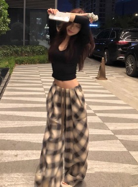 SUNONEONE 美式复古大口袋格子休闲裤女早秋宽松慵懒垂感格纹裤子