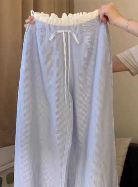 欧若风蓝色条纹阔腿裤女夏新款设计感假两件木耳腰拼接直筒休闲裤