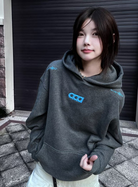 ATRY 美式复古灰色重磅刺绣连帽卫衣女2025秋冬新款宽松情侣上衣