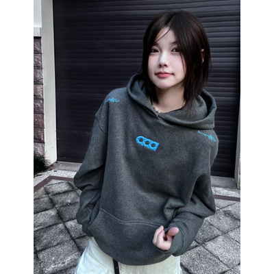 ATRY 美式复古灰色重磅刺绣连帽卫衣女2025秋冬新款宽松情侣上衣