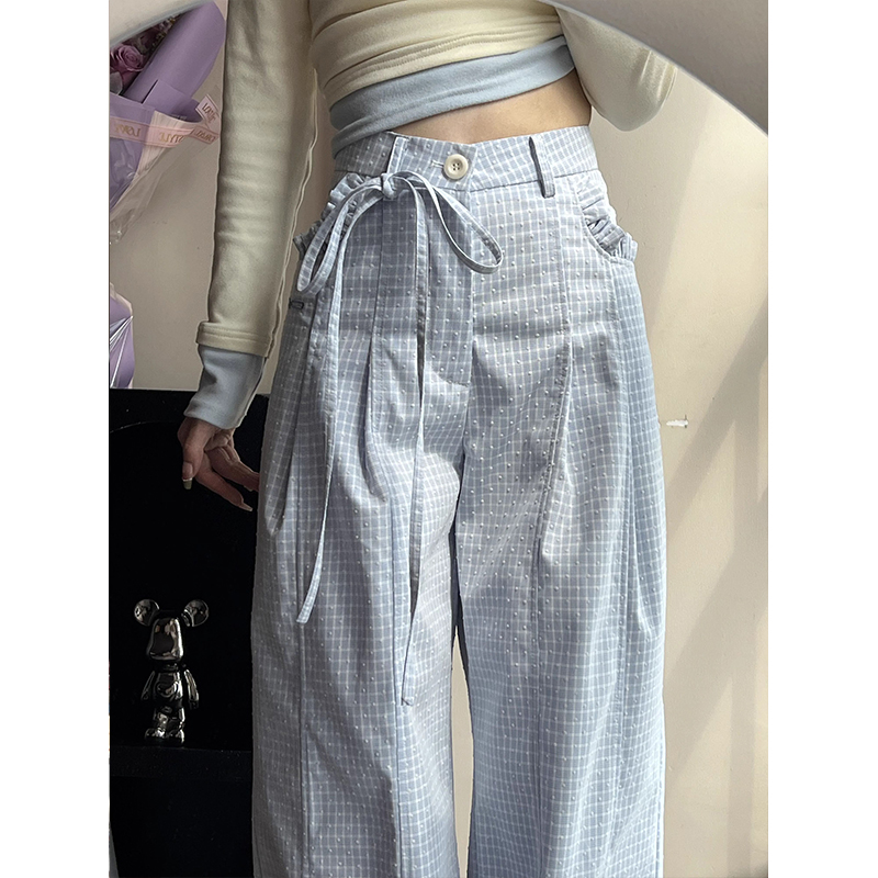 韩系穿搭蝴蝶结系带奶蓝色格子休闲裤慵懒垂感宽松直筒甜美阔腿裤