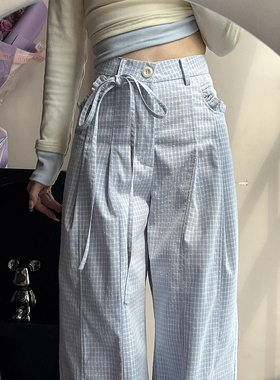 韩系穿搭蝴蝶结系带奶蓝色格子休闲裤慵懒垂感宽松直筒甜美阔腿裤