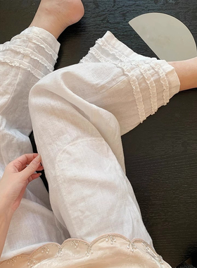 IS JOJOS松弛感白色花边苎麻阔腿裤夏老钱风宽松高级高腰亚麻裤子