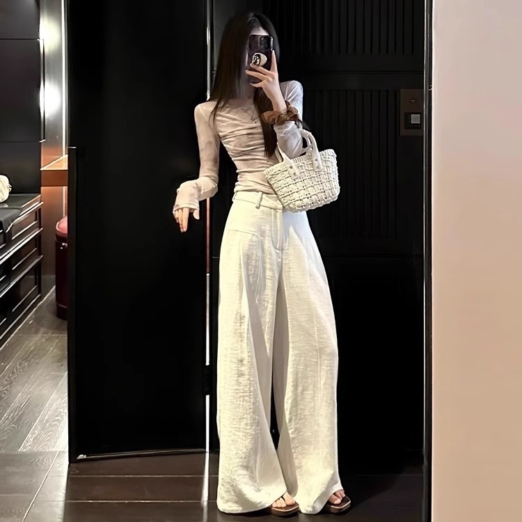 HUFFNPUFF 老钱风极简气质显瘦白休闲裤女bf夏松弛感阔腿拖地长裤