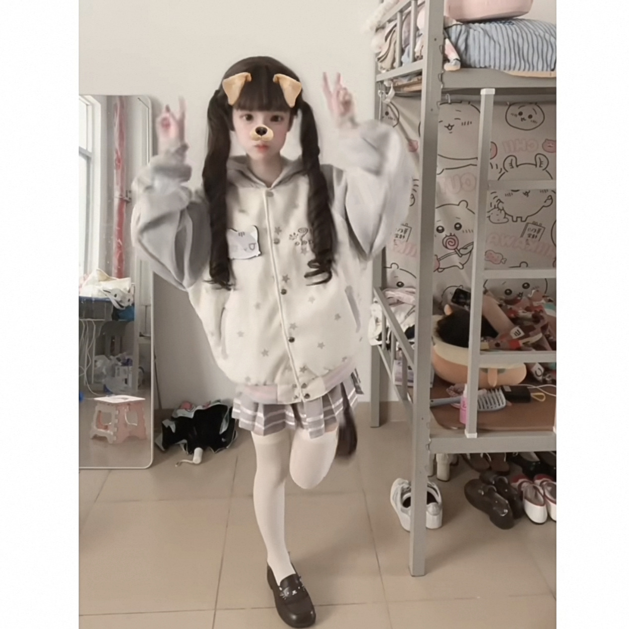 做梦特长生 自制宅萌可爱猫咪魔术贴撞色连帽外套百搭棒球服夹克