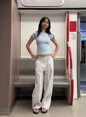 美式复古蓝白条纹抽绳香蕉休闲裤女夏季新款设计感宽松直筒阔腿裤