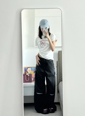 小众设计破口拼接条纹绑带阔腿黑色西装裤女夏季复古高级感休闲裤