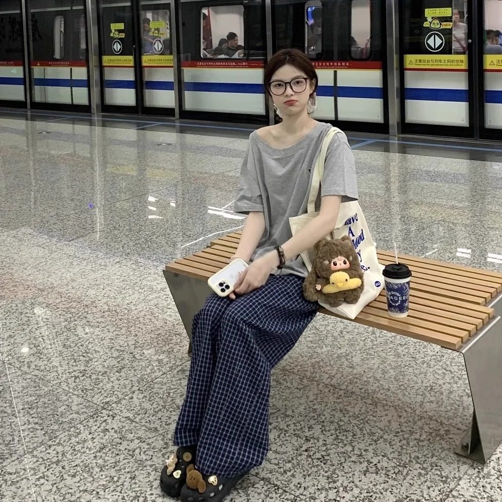 yoyozizhi 复古蓝色格子休闲裤女夏季慵懒风高腰显瘦直筒阔腿长裤