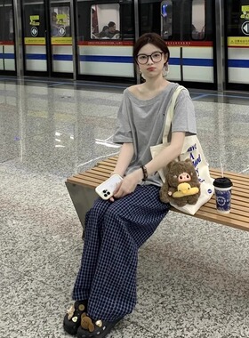yoyozizhi 复古蓝色格子休闲裤女夏季慵懒风高腰显瘦直筒阔腿长裤