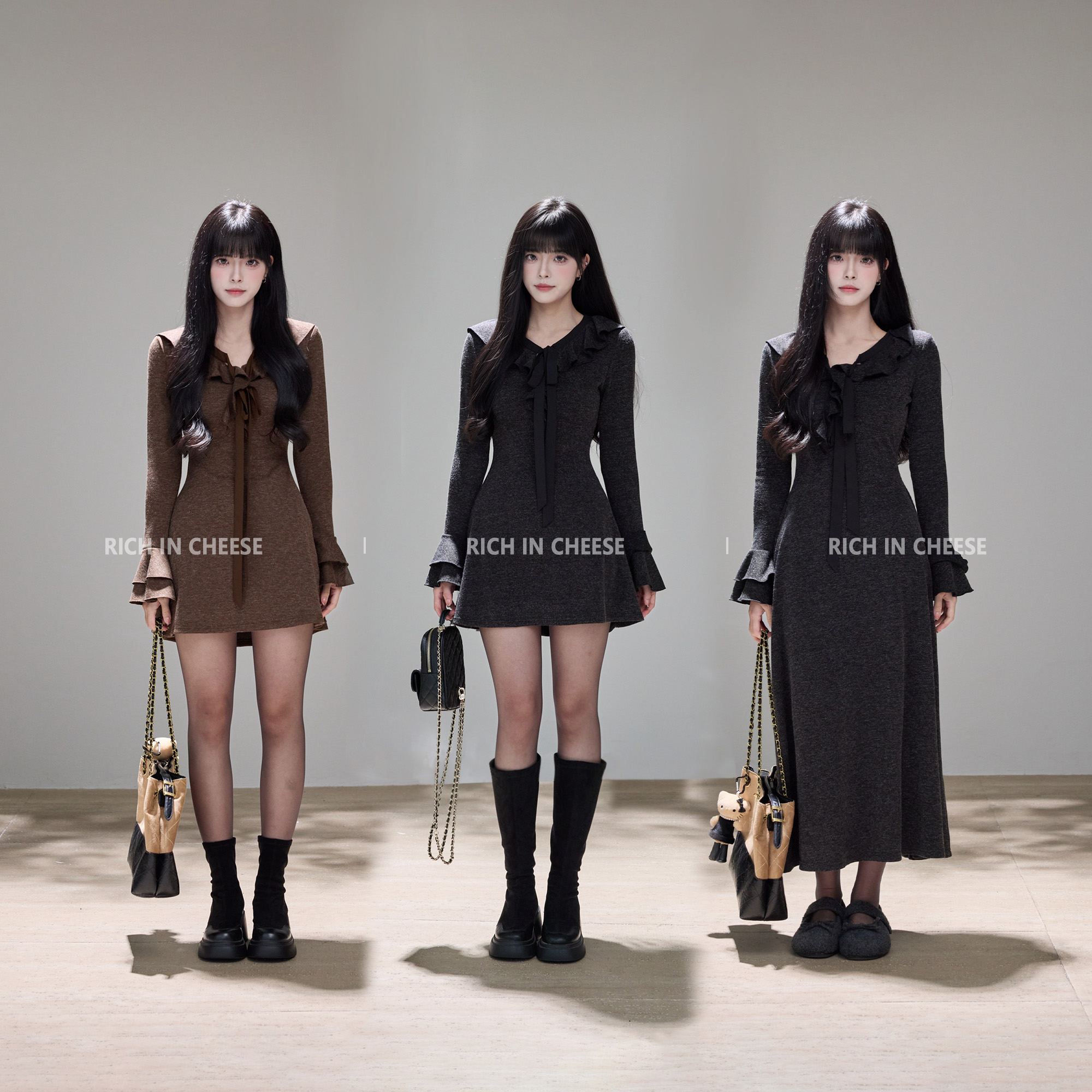 V领荷叶边针织弹力收腰连衣裙