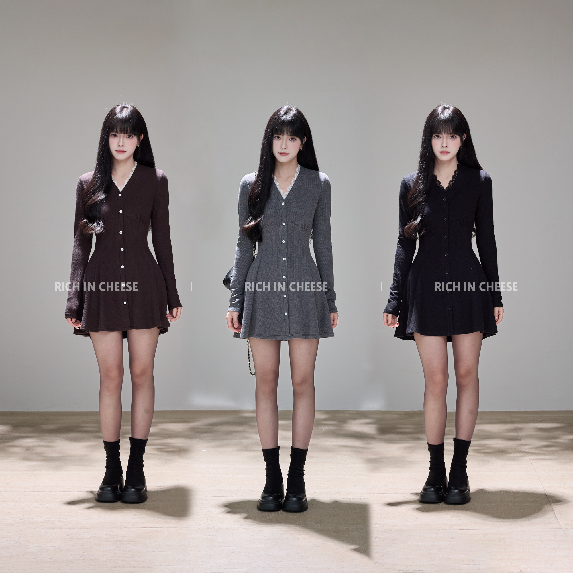 V领蕾丝拼接设计针织收腰连衣裙