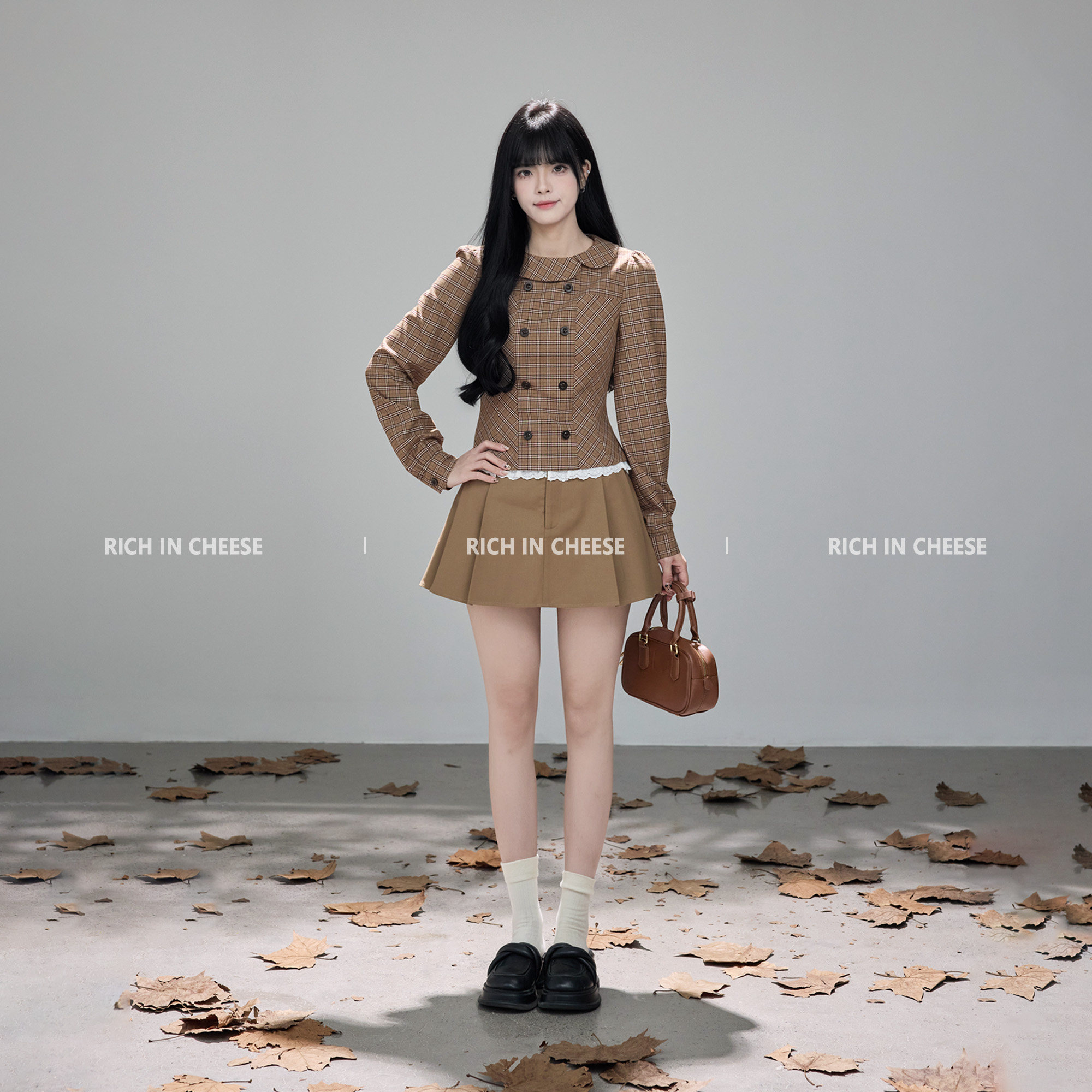 RICHINCHEESE  复古曲奇 法式复古格纹双排扣上衣A字花边裙裤套装