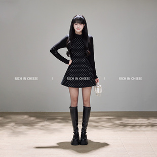 波点假两件拼接设计收腰连衣裙 秋冬法式 RICHINCHEESE 赫尔本午夜