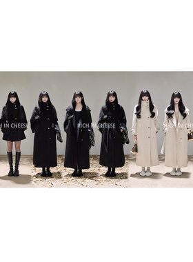 RICHINCHEESE 冬日女王 赫本风气质黑色简约立领高级长款毛呢外套