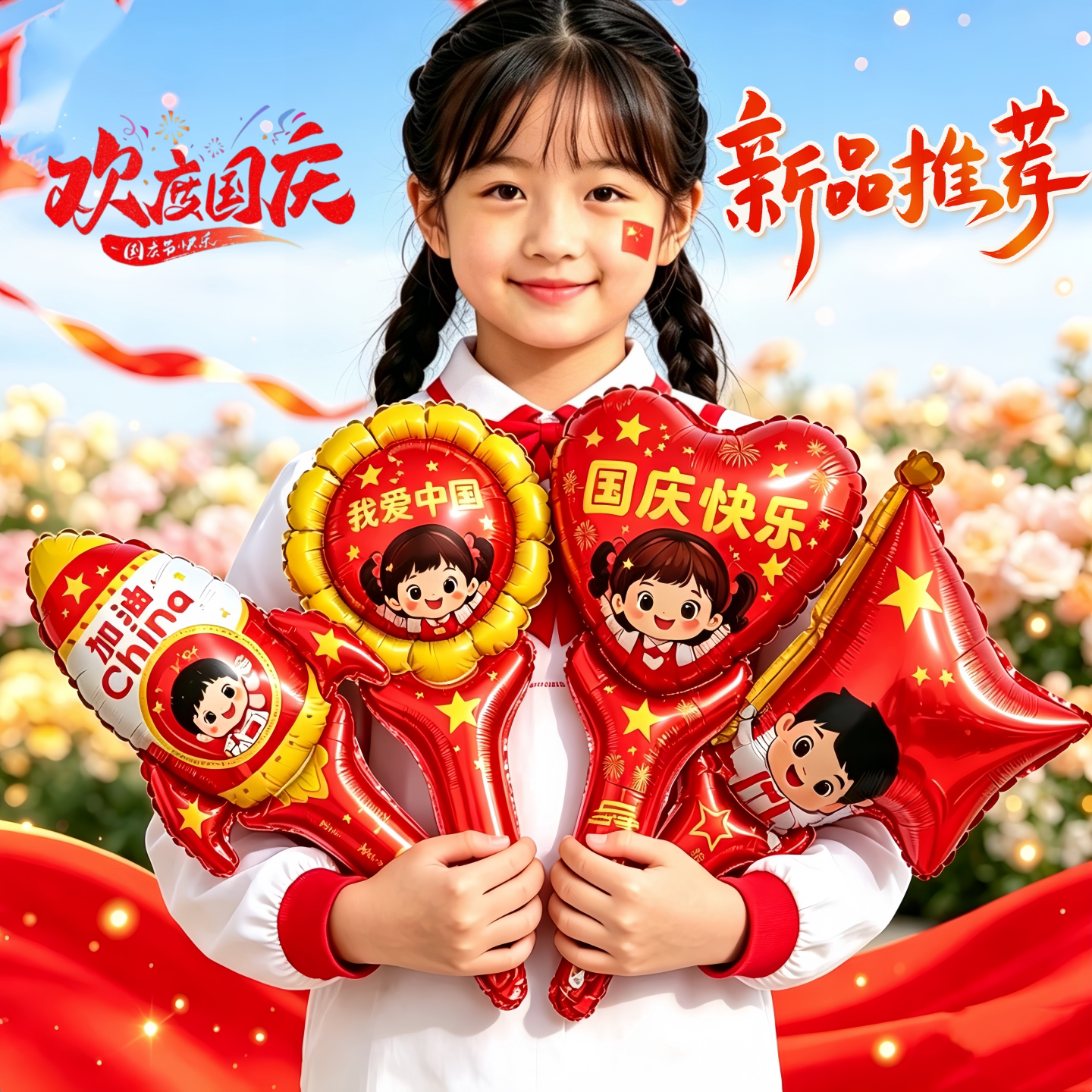 十一国庆节手持气球充气棒五星10.1场景装饰布置用品幼儿园小礼品