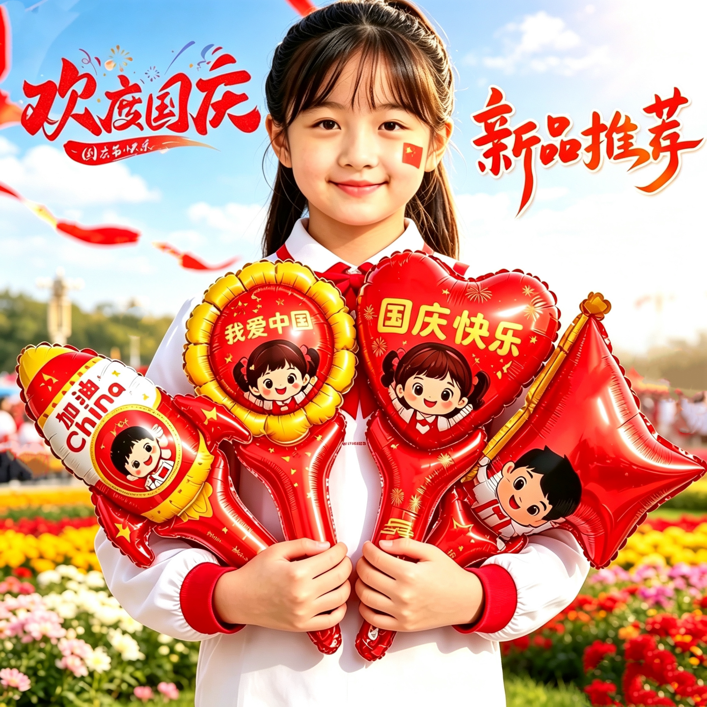 十一国庆节手持加油棒手摇棋气球幼儿园小礼品10.1场景装饰发箍