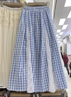 韩系甜美蕾丝拼接蓝色格子半身裙女2025春季新款大摆a字长裙153J